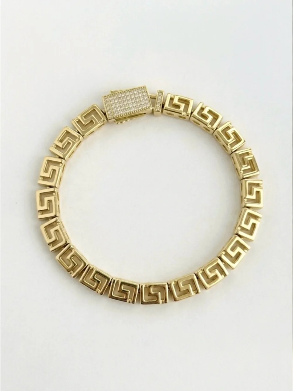 14K Gold Plated Greek Key Link Bracelet with CZ Pavé Box Clasp | Luxury Jewelry